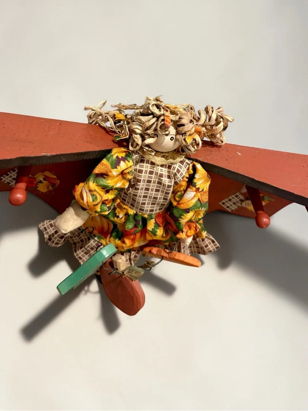 Vintage Handmade 20” Wall Shelf w/ Folk Art Primitive Rag Doll Autumn Harvest